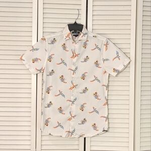 Express Button Up Shirt White Parrots Print Short Sleeve